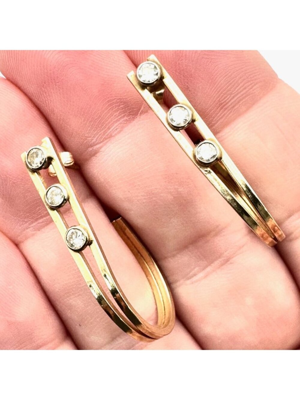 14K Yellow Gold Earrings Three Diamond Chandelier Pierced Estate